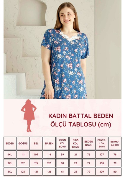 Kadın Indigo Bahar Dalı Kısa Kollu Dantelli V Yaka Büyük Beden Bermuda Pijama Takımı EDY2735B-İ fırsatları
