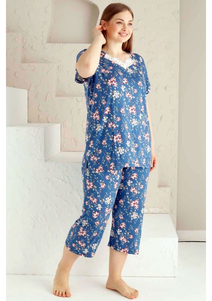 Kadın Indigo Bahar Dalı Kısa Kollu Dantelli V Yaka Büyük Beden Bermuda Pijama Takımı EDY2735B-İ indirimleri
