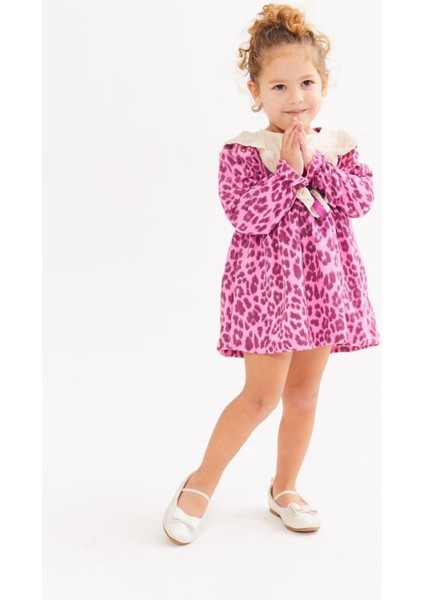 Kız Çocuk Pembe Leopar Desenli Yaka Dantel Detaylı Uzun Kollu Bayramlık Elbise modelleri