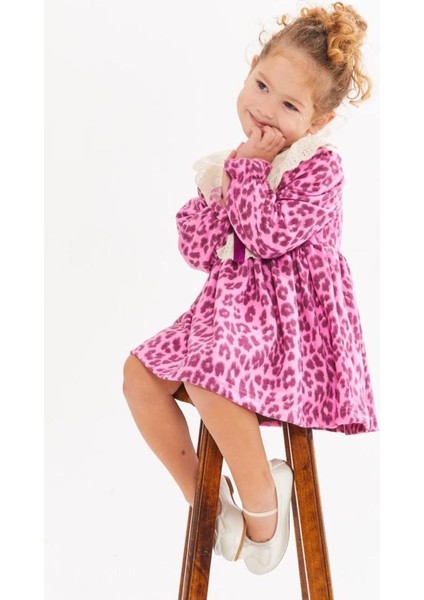 Kız Çocuk Pembe Leopar Desenli Yaka Dantel Detaylı Uzun Kollu Bayramlık Elbise fırsatları