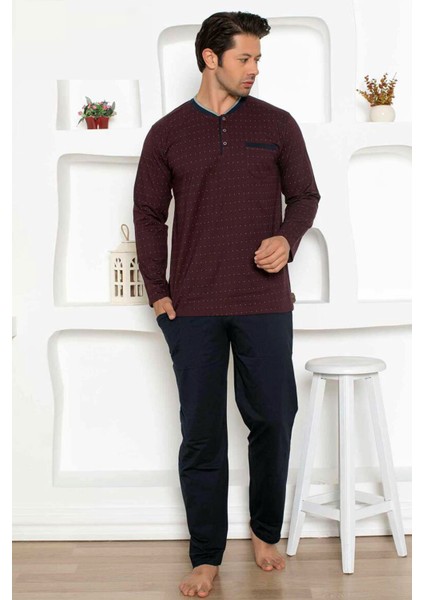 Erkek Bordo O Yaka Patlı Düğmeli Uzun Kollu Puantiyeli Cepli Penye Battal Pijama Takımı EDY1204UKB-B