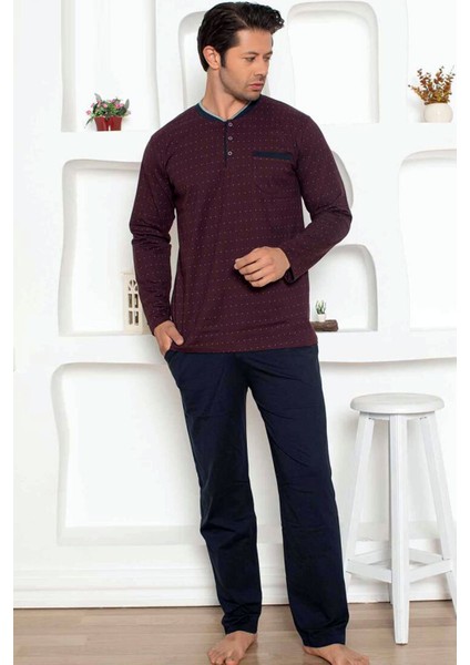 Erkek Bordo O Yaka Patlı Düğmeli Uzun Kollu Puantiyeli Cepli Penye Battal Pijama Takımı EDY1204UKB-B modelleri