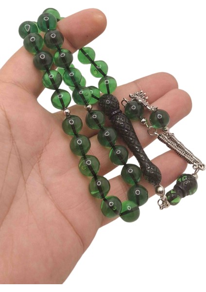 Yeşil Uçlu Küre Işlemeli Toz Kehribar Tesbih