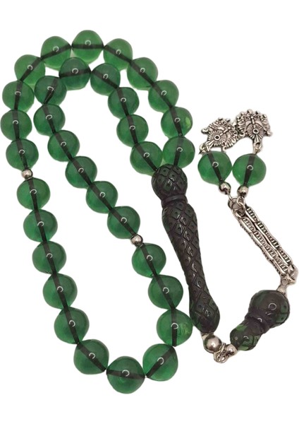 Yeşil Uçlu Küre Işlemeli Toz Kehribar Tesbih modelleri