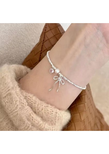 Gümüş Kaplama Coquette Pembe Taşlı Kalp Kurdele Fiyonk Detaylı Pinterest İtalyan Zincir Bileklik