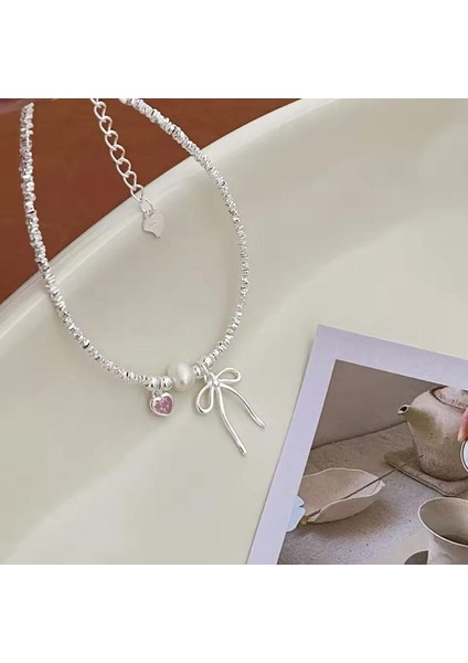 Gümüş Kaplama Coquette Pembe Taşlı Kalp Kurdele Fiyonk Detaylı Pinterest İtalyan Zincir Bileklik fırsatları