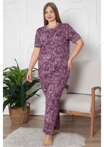 Kadın Mürdüm Çiçek Desenli Patlı Bisiklet Yaka Kısa Kollu Büyük Beden Pijama Takımı EDY2766KK-M