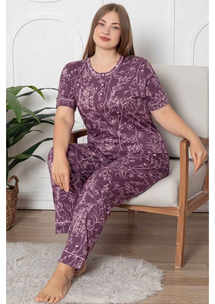 Kadın Mürdüm Çiçek Desenli Patlı Bisiklet Yaka Kısa Kollu Büyük Beden Pijama Takımı EDY2766KK-M fiyatları