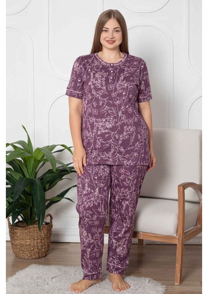 Kadın Mürdüm Çiçek Desenli Patlı Bisiklet Yaka Kısa Kollu Büyük Beden Pijama Takımı EDY2766KK-M modelleri
