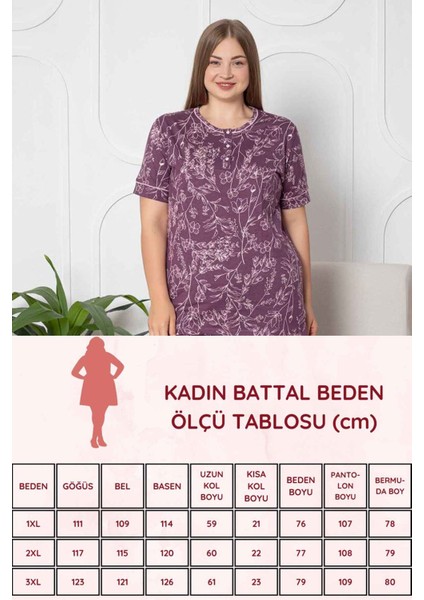 Kadın Mürdüm Çiçek Desenli Patlı Bisiklet Yaka Kısa Kollu Büyük Beden Pijama Takımı EDY2766KK-M fırsatları