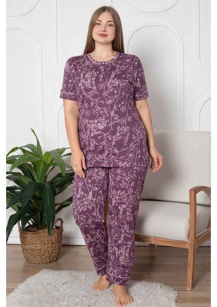 Kadın Mürdüm Çiçek Desenli Patlı Bisiklet Yaka Kısa Kollu Büyük Beden Pijama Takımı EDY2766KK-M indirimleri