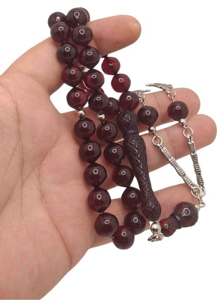 Koyu Kırmızı Uçlu Küre Işlemeli Toz Kehribar Tesbih