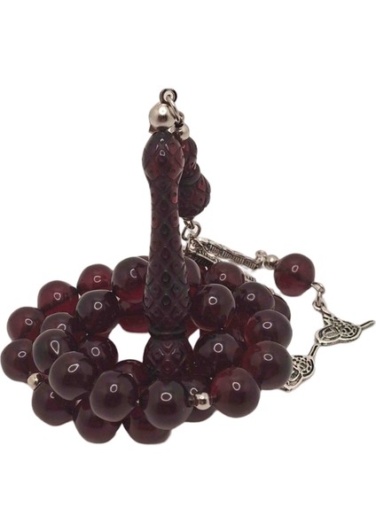 Koyu Kırmızı Uçlu Küre Işlemeli Toz Kehribar Tesbih fiyatları