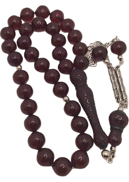 Koyu Kırmızı Uçlu Küre Işlemeli Toz Kehribar Tesbih modelleri