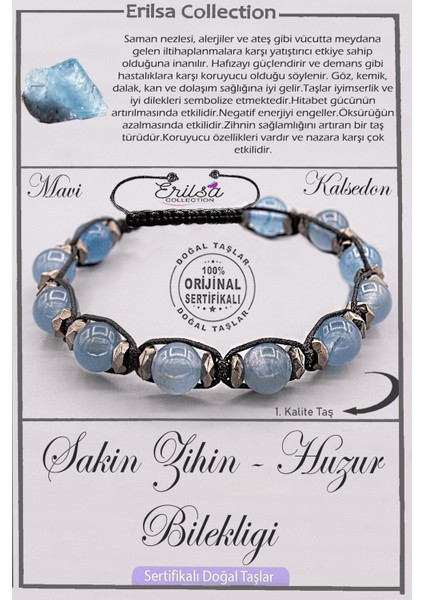 Sertifikalı Aaa+ Kalite Doğal Mavi Kalsedon Sakin Zihin Huzur Bilekliği