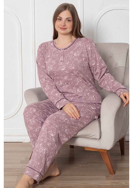Kadın Gülkurusu Çiçek Desenli Patlı Düğmeli Bisiklet Yaka Büyük Beden Pijama Takımı EDY2786B-GK