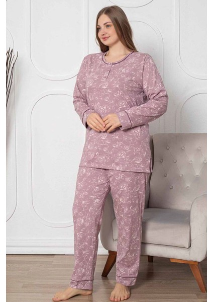 Kadın Gülkurusu Çiçek Desenli Patlı Düğmeli Bisiklet Yaka Büyük Beden Pijama Takımı EDY2786B-GK fiyatları
