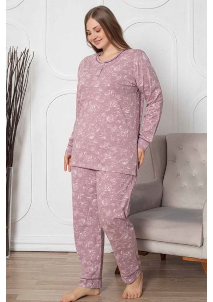 Kadın Gülkurusu Çiçek Desenli Patlı Düğmeli Bisiklet Yaka Büyük Beden Pijama Takımı EDY2786B-GK fırsatları