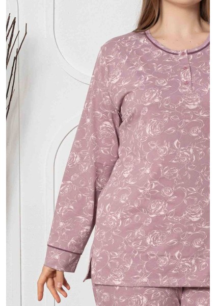 Kadın Gülkurusu Çiçek Desenli Patlı Düğmeli Bisiklet Yaka Büyük Beden Pijama Takımı EDY2786B-GK indirimleri