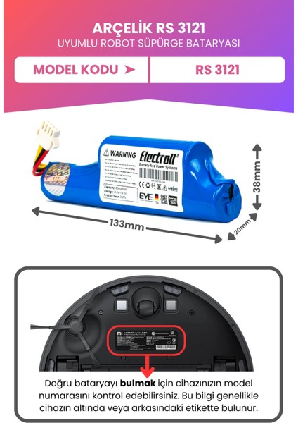 Arçelik Rs 3121 Uyumlu Batarya (Maksimum Kapasite) 3500MAH Pil Robot Süpürge Bataryası Değişimi 9178024542 fiyatları