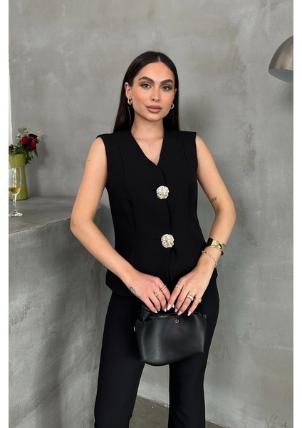 Kadın Alt Üst Takım Şık Düğme Detaylı Yelek Pantolon Ikili Takım