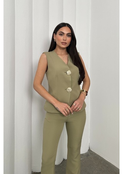 Kadın Alt Üst Takım Şık Düğme Detaylı Yelek Pantolon Ikili Takım