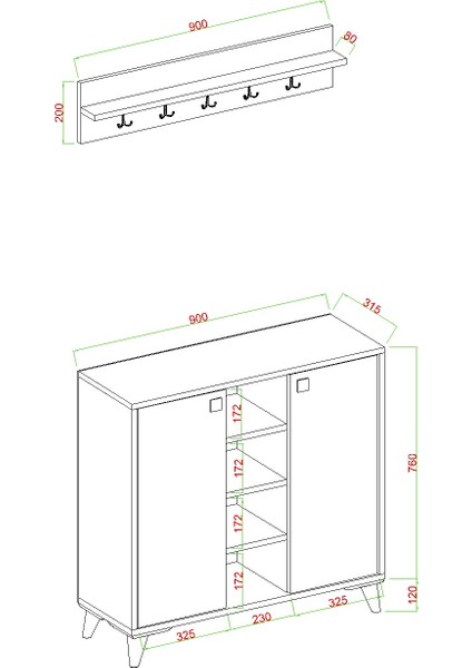Albena 2 Kapaklı Ayakkabılık, Vestiyer, Portmanto, Askılık, 90 cm
