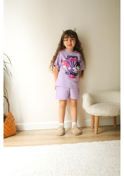 Kız Çocuk Kuromi Baskılı Beli Ayarlanabilir Lastikli Bağcıklı Pamuklu Mor Renk Alt Üst Ikili Takım indirimleri
