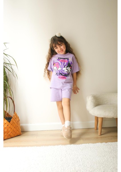 Kız Çocuk Kuromi Baskılı Beli Ayarlanabilir Lastikli Bağcıklı Pamuklu Mor Renk Alt Üst Ikili Takım