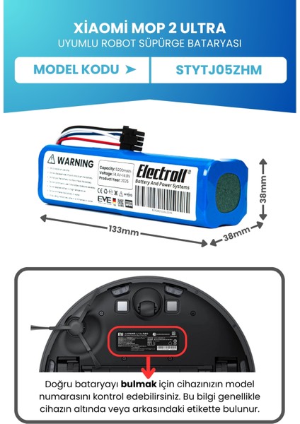 Xiaomi Mop 2 Ultra Stytj05zhm Uyumlu Batarya (ORJİNAL KAPASİTE) 5200mah Robot Süpürge Batarya