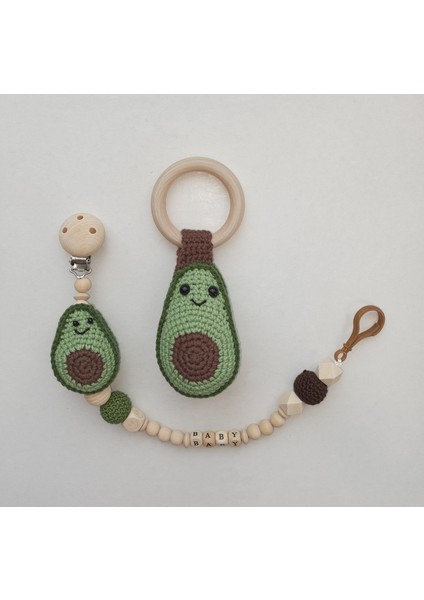 Hoşgeldin Bebek, Unisex, Yenidoğan Bebek, Avokado Amigurumi Isimli Emzik Askısı Hediye Seti modelleri
