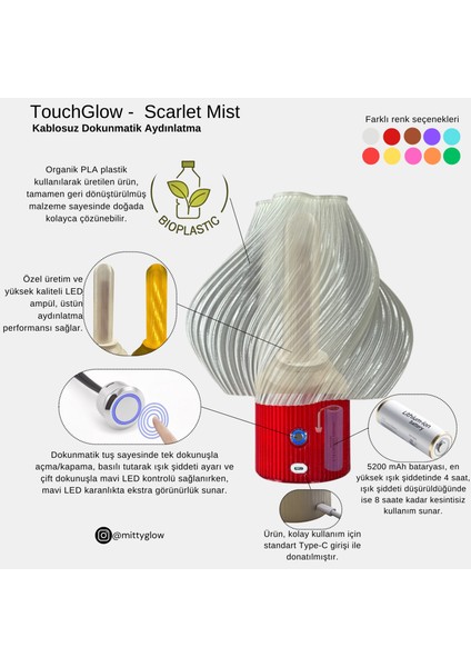 Kablosuz Dokunmatik Şarjlı Abajur Scarlet Mist