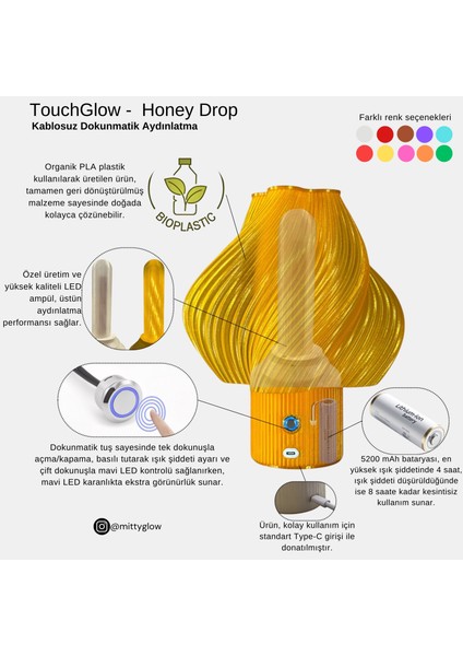 Kablosuz Dokunmatik Şarjlı Abajur Honey Drop
