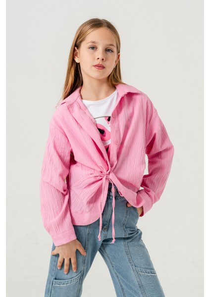 Kız Çocuk Önden Bağcıklı Gömlek T-Shirt Ikili Takım 1801