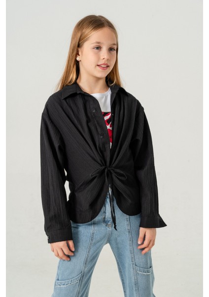 Kız Çocuk Önden Bağcıklı Gömlek T-Shirt Ikili Takım 1801