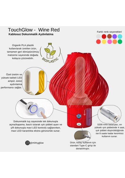 Kablosuz Dokunmatik Şarjlı Abajur Wine Red