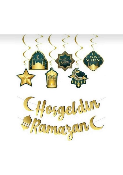 Hoşgeldin Ramazan Kaligrafi 6 Li Sarkıt Tavan Süs 2 Li Dekor Süsleme Seti