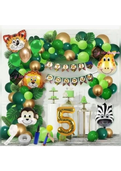 5 Yaş Iyi Ki Doğdun Uzar Yazı Safari Temalı Folyo Lüks Zincir Balon Seti