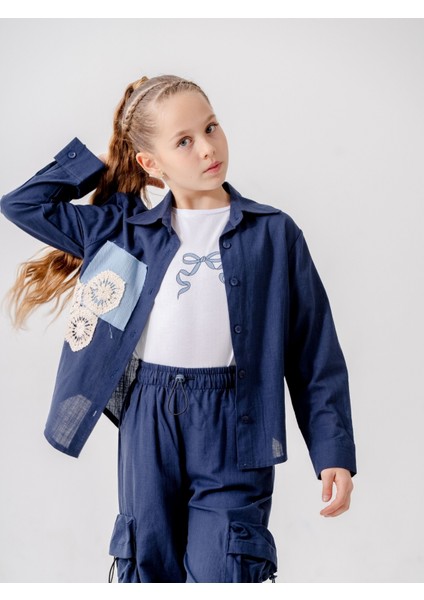 Kız Çocuk Cep Garnili Gömlek T-Shirt Ikili Takım 1808