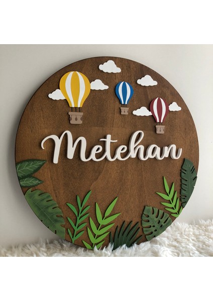 Isme Özel Hediyelik, Uçan Balon ve Yaprak Temalı Ahşap Bebek Hastane Kapı Süsü