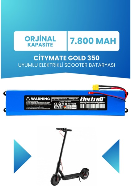 Citymate Gold 350 Uyumlu Batarya (ORJİNAL KAPASİTE) 36v 7800mah Elektrikli Scooter Bataryası