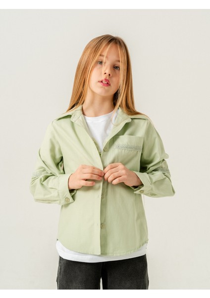 Kız Çocuk Cep Dantelli Gömlek T-Shirt Ikili Takım 1803