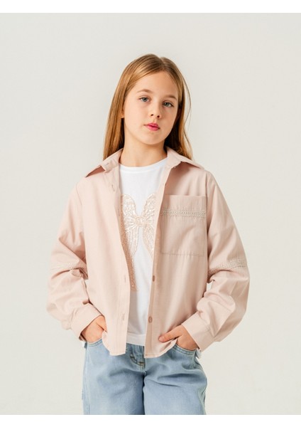 Kız Çocuk Cep Dantelli Gömlek T-Shirt Ikili Takım 1803
