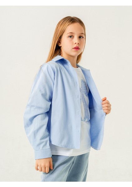 Kız Çocuk Cep Dantelli Gömlek T-Shirt Ikili Takım 1803