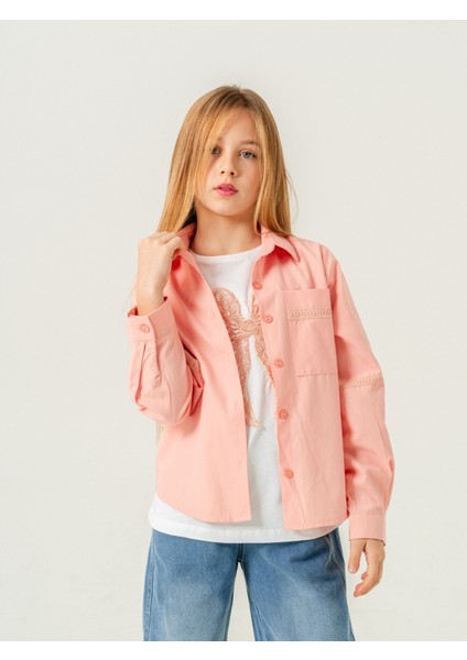 Kız Çocuk Cep Dantelli Gömlek T-Shirt Ikili Takım 1803