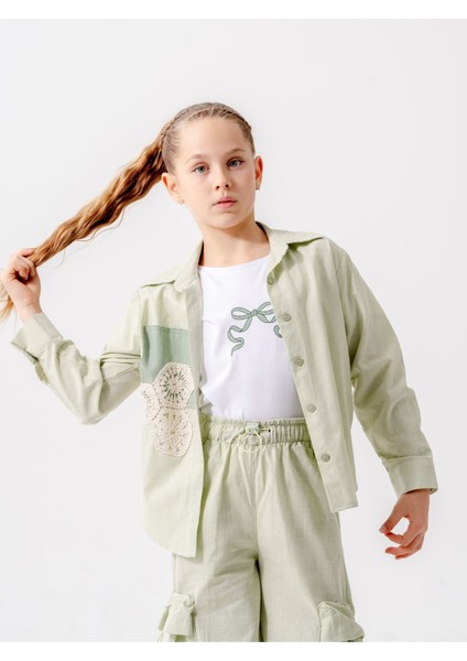 Kız Çocuk Cep Garnili Gömlek T-Shirt Ikili Takım 1808