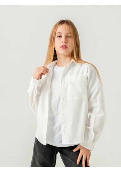 Kız Çocuk Cep Dantelli Gömlek T-Shirt Ikili Takım 1803