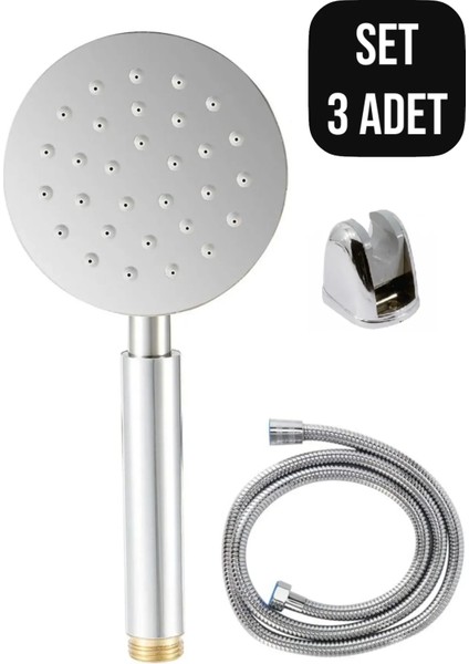 3'lü Duş Seti Modern Yüksek Basınçlı Paslanmaz Metal Yuvarlak Duş Başlığı+Kaliteli Duş Hortumu+Mafsal