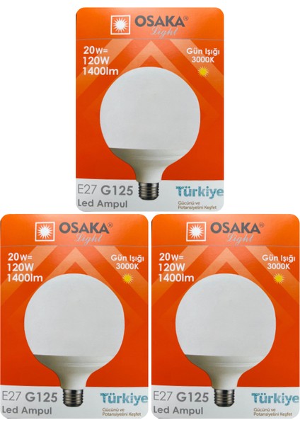 (3 Adet) 20W (120W) 3000K (Sarı Işık) E27 Duylu (Kalın Duy) Glop LED Ampul