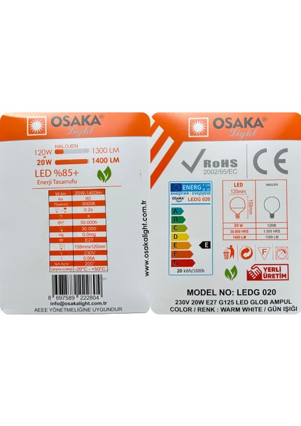 (3 Adet) 20W (120W) 3000K (Sarı Işık) E27 Duylu (Kalın Duy) Glop LED Ampul